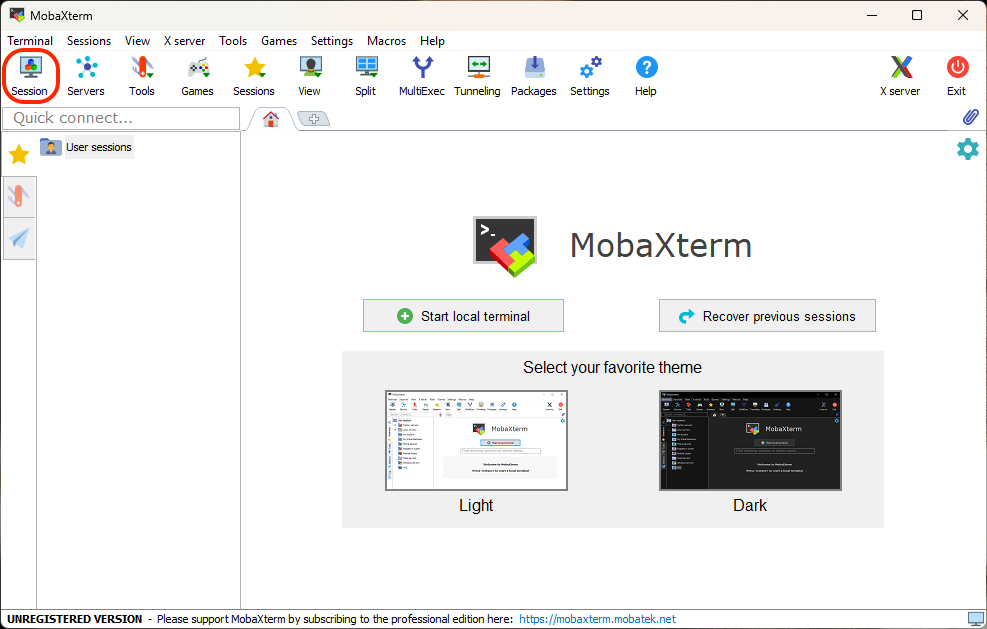 The MobaXterm main window, with the Session button at the top left circled.