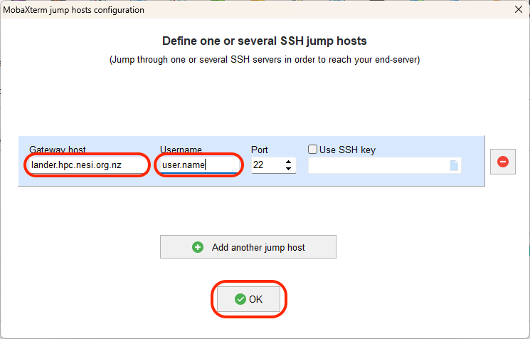 The MobaXterm jump hosts configuration window with lander.hpc.nesi.org.nz in the Gateway host box, user.name in the Username box, and the OK button circled.