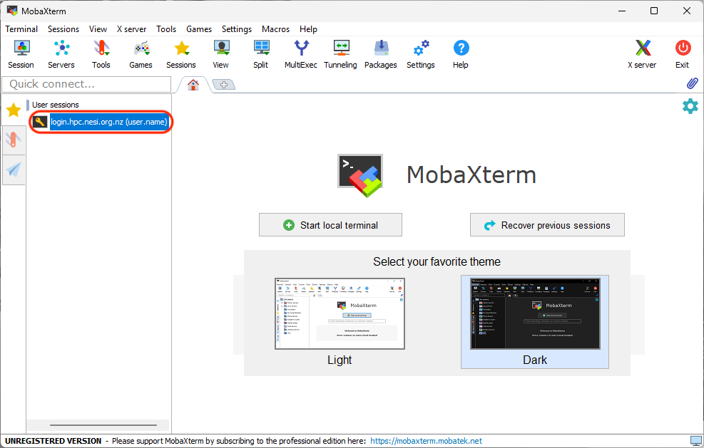 The MobaXterm main window, with the saved session "login.hpc.nesi.org.nz (user.name)" circled under User sessions in the left sidebar.