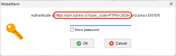 A MobaXterm window saying "Authenticate at", followed by a link with a user code, "and press ENTER", with the link circled. Below it are an empty text box and the OK and Cancel buttons.