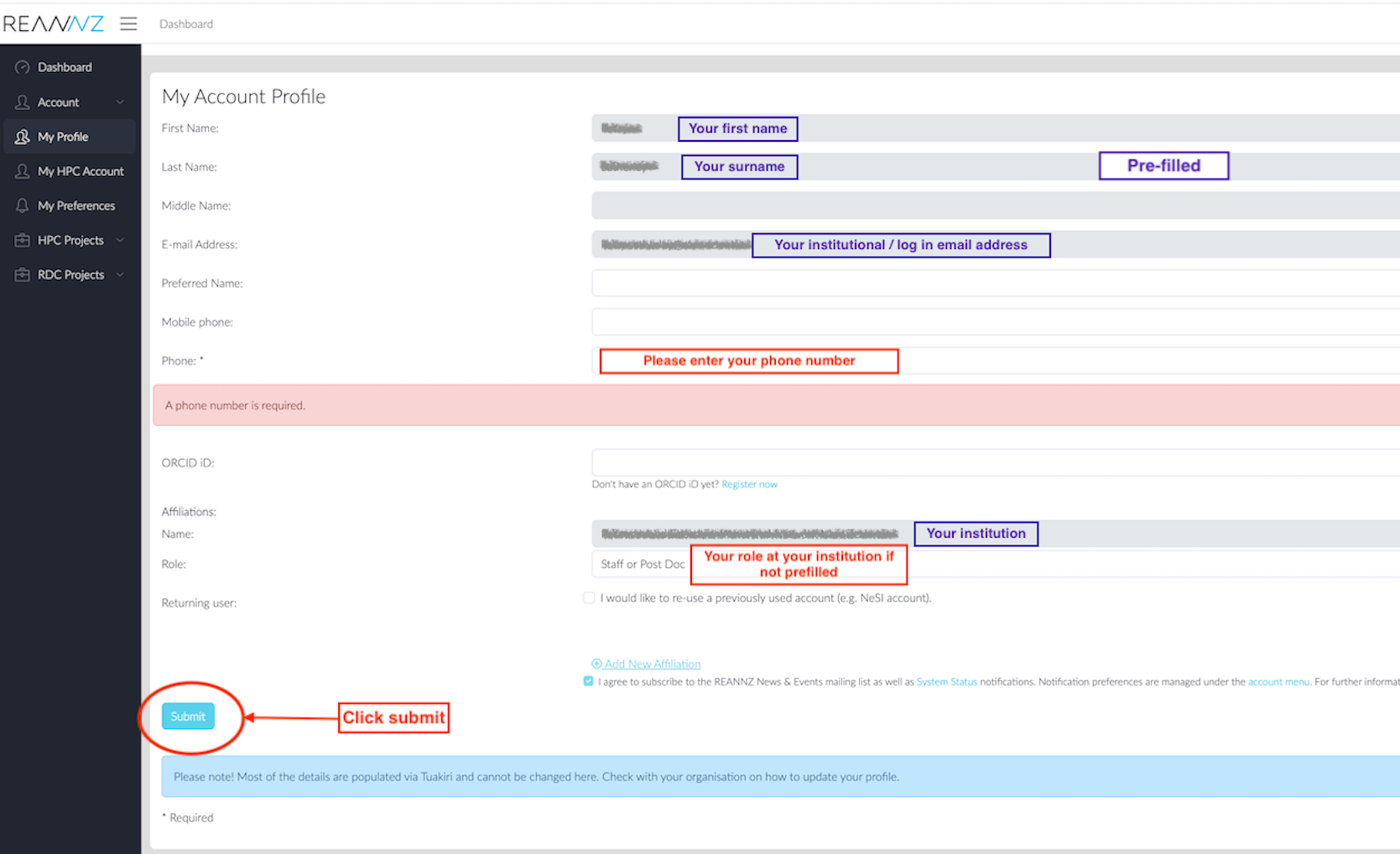 Form for submitting a new account request