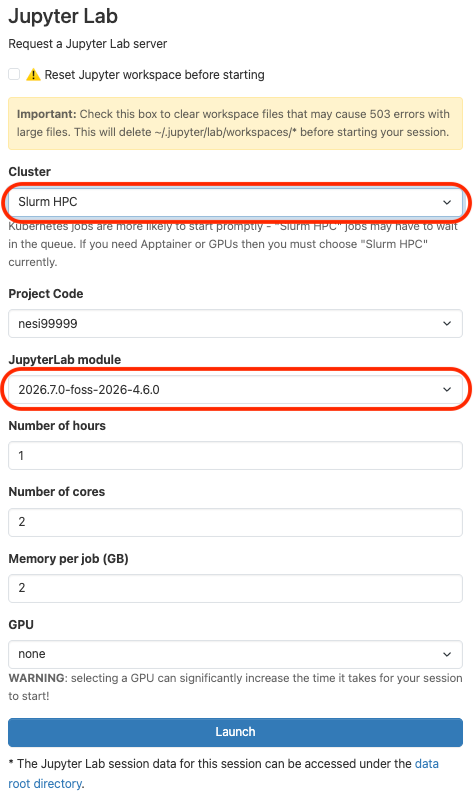 JupyterLab launch form with Cluster set to Slurm HPC and JupyterLab module set to 2026.7.0-foss-2026-4.6.0