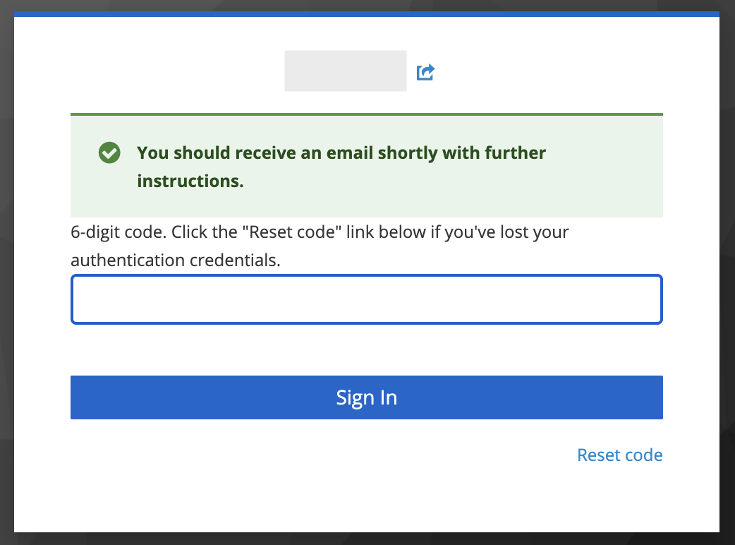 Reset Code Confirmation Example